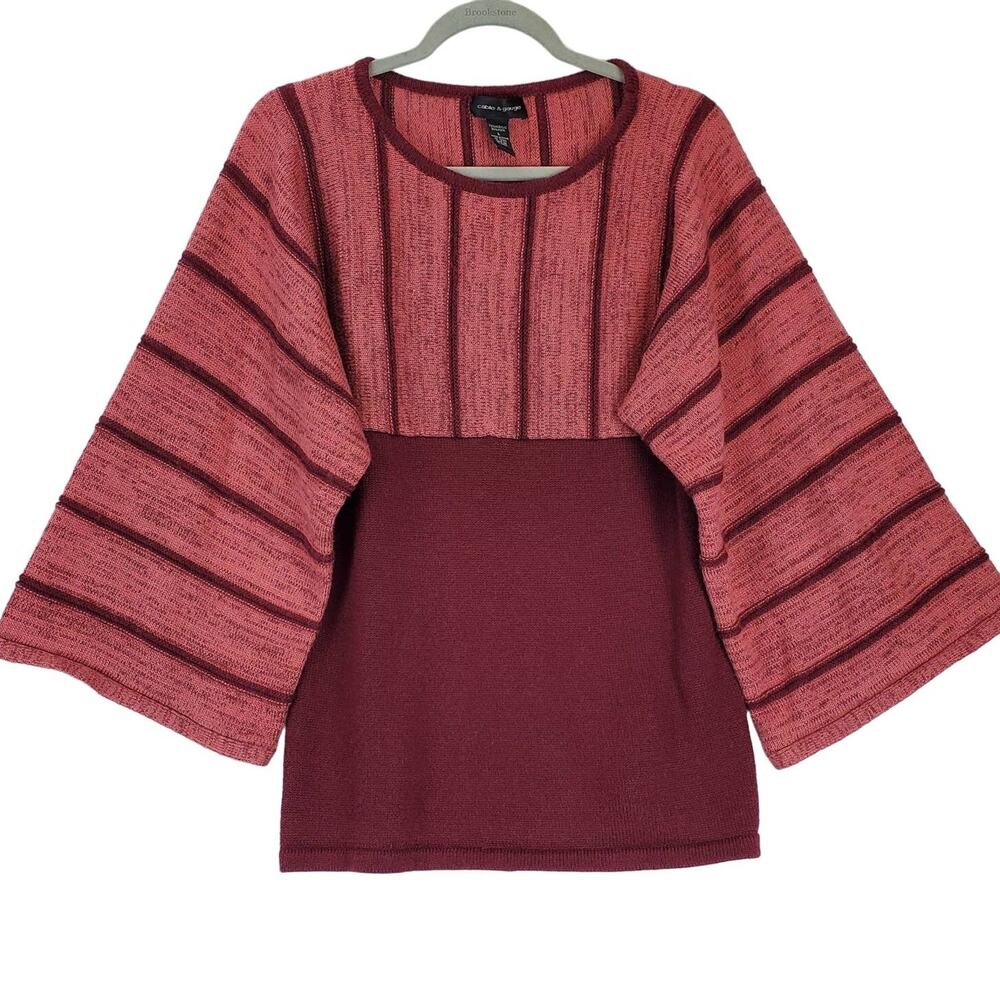 Cable & Gauge Knit Sweater L Wool Blend Maroon Stripe Wide Bell Sleeve Granola G